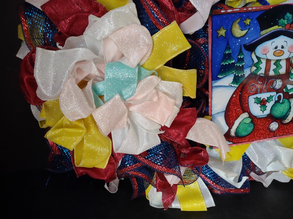 Handmade Christmas Wreath Red Blue White Sparkly Ribbon Snowman 20" (lot 1292)