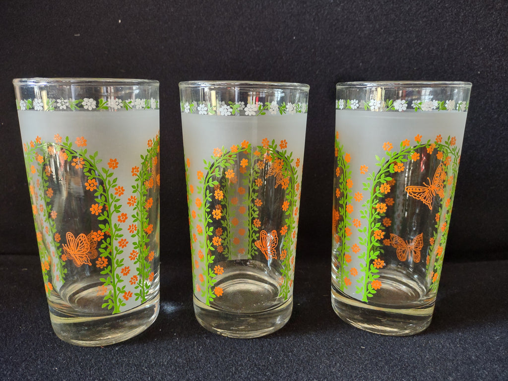 Vintage MCM Libbey Butterfly Tumbler Drinking Glass x 4 (lot 5174)