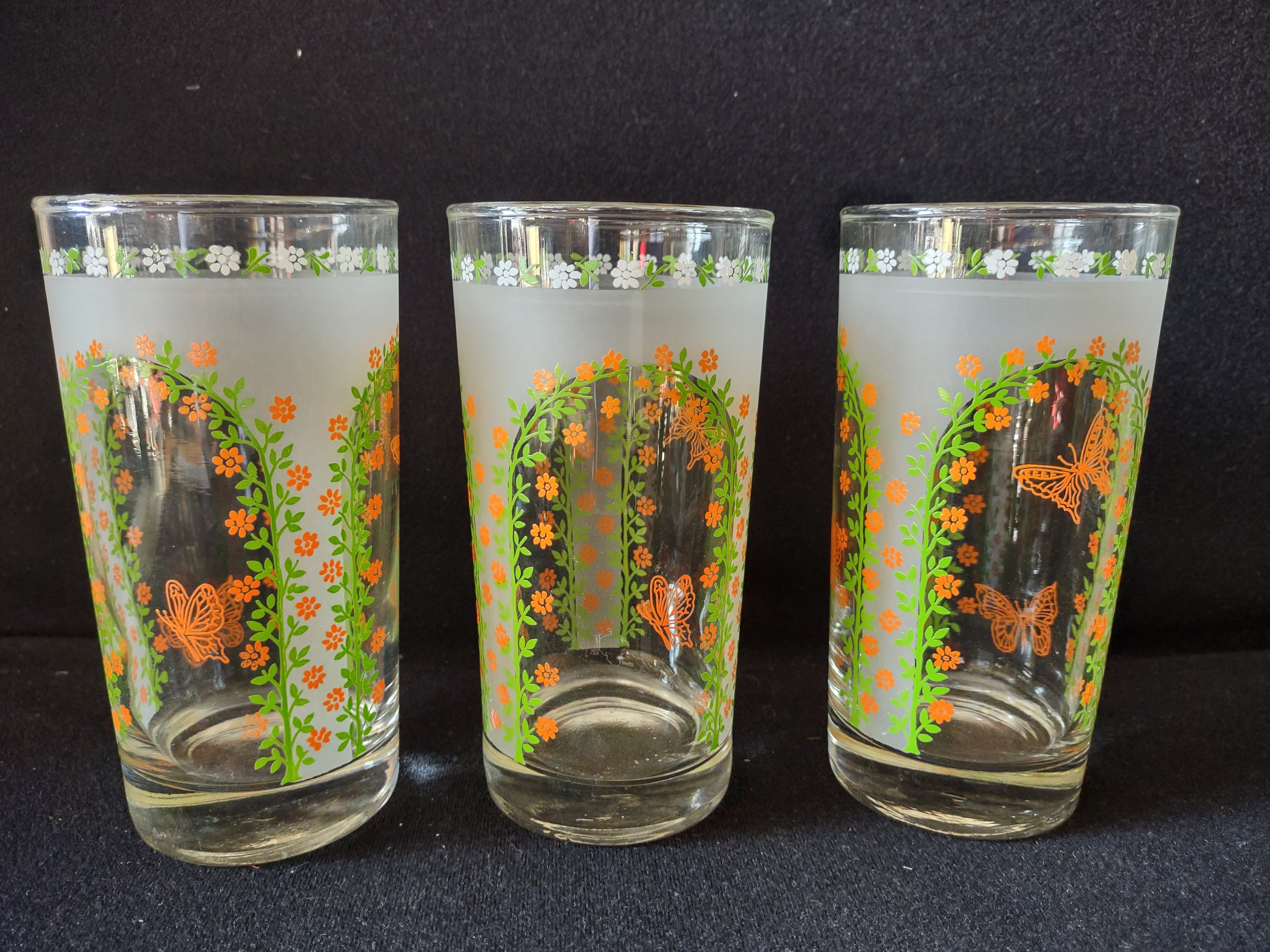Vintage MCM Libbey Butterfly Tumbler Drinking Glass x 4 (lot 5174)