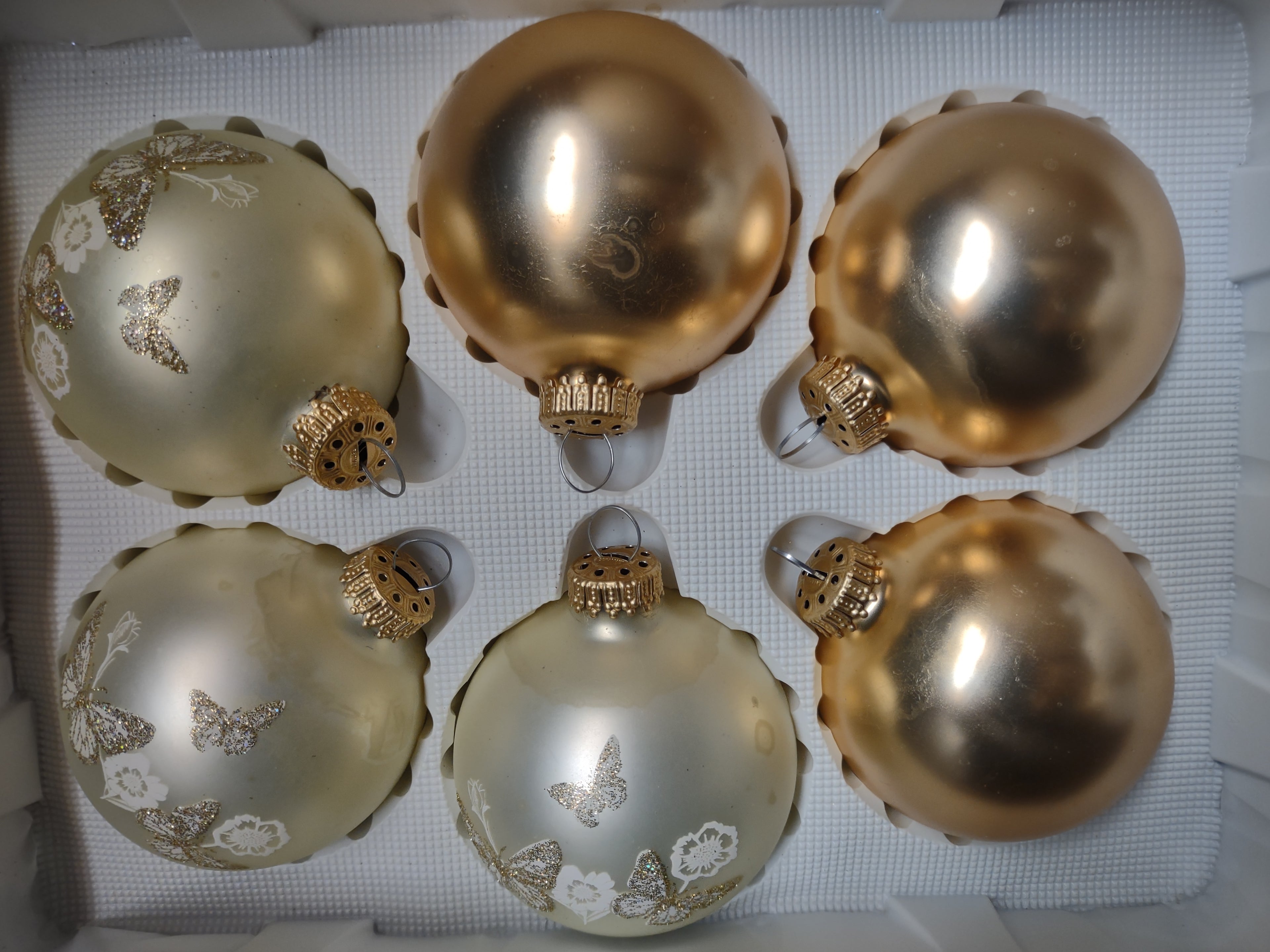 Vintage Christmas Set 6 Glass Ornaments Krebs 3" Butterfly Golden (lot 1434)