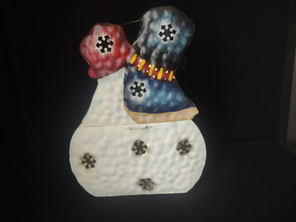 Christmas Holiday Candle Light Holder Snowman Hugging Metal 11" (lot 1714)