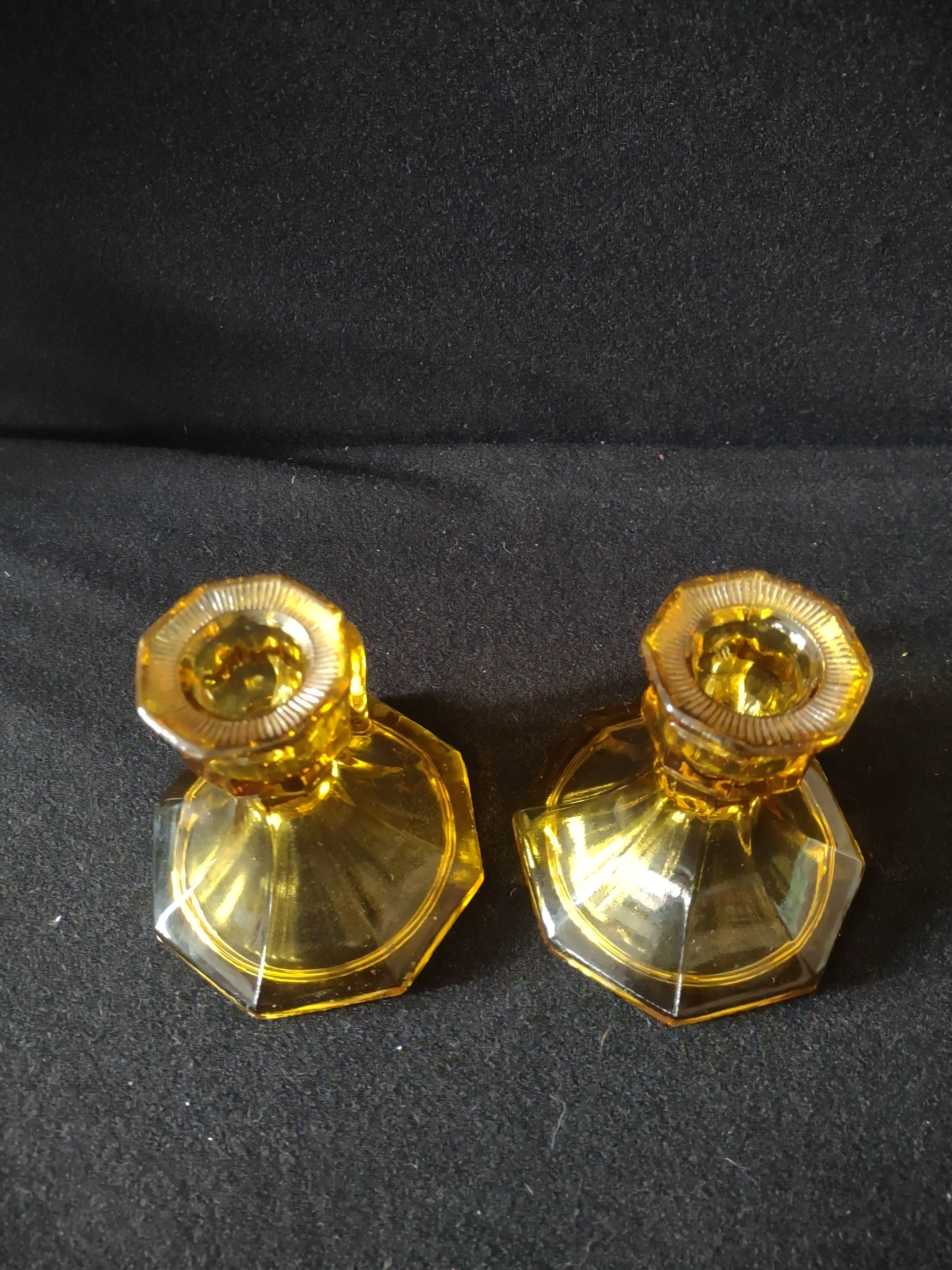 Vintage Amber Glass Taper Candlestick Holders Finger Loops X 2 (Lot 4199)