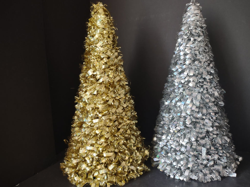 Holographic Tinsel Cone Tabletop Christmas Tree Gold Silver 19" (lot 3178)