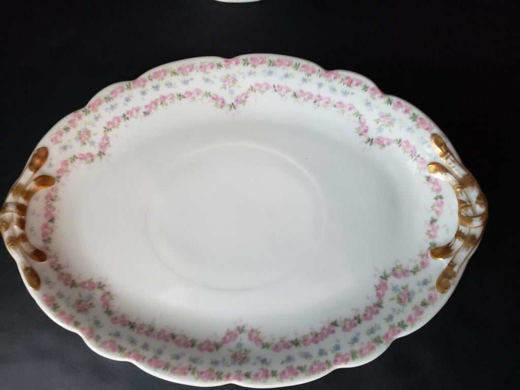 JP France Gravy Boat Gold Trim Double Rose Garland Blue Pink Flower (lot 646)