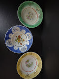 Vintage 9.5" Serving Bowl x 3 Green Yellow Blue Gold Trim Floral (Lot 5043)