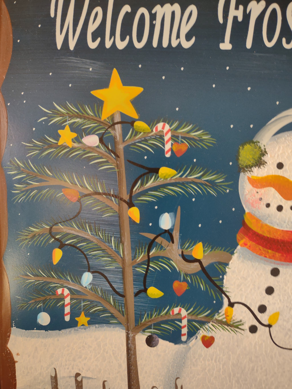 Christmas Painted Snowman Tree Welcome Frosty Friends Wall Hanging (Lot 4615)