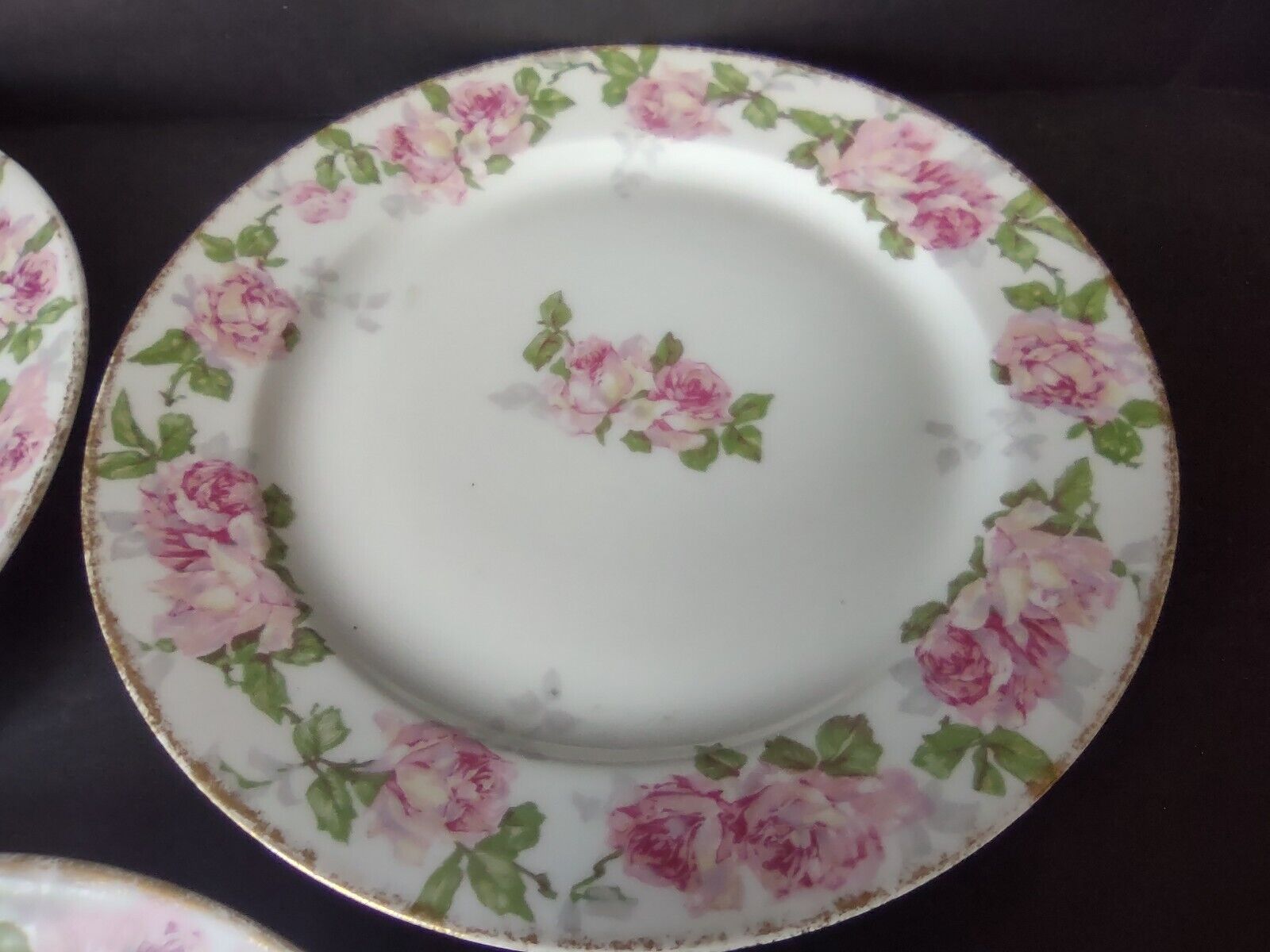 5 x PL Redon Limoges France Large Rose Dessert Plate Gold Trim 7-3/8" (lot 489)