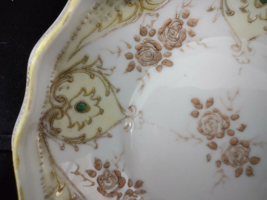037 Vintage Hand Painted Nippon Moriage Gold Beaded Raised Design Footed Dish