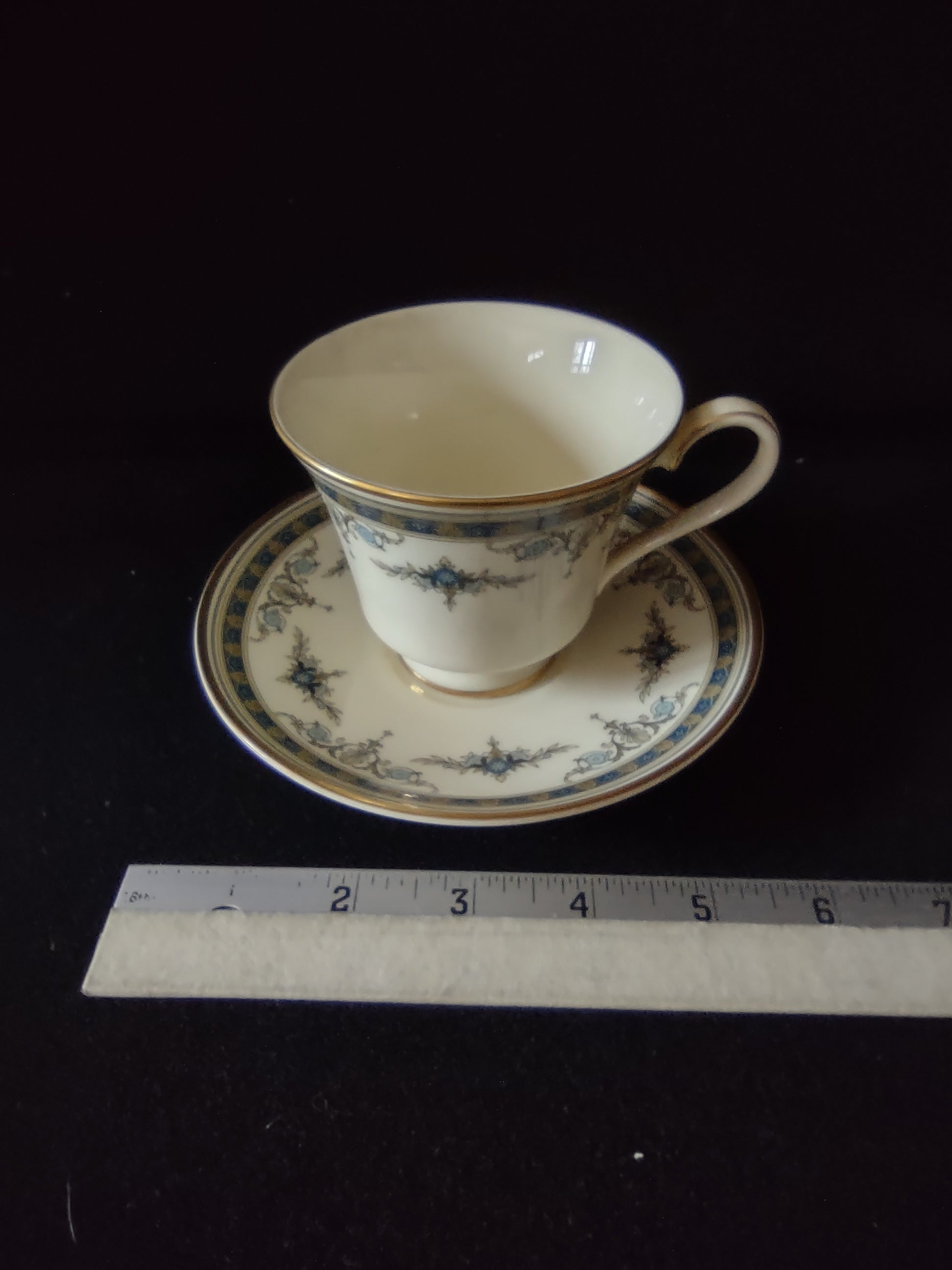 Vintage Minton Grasmere Teacup Saucer Bone China Blue Green Gold (Lot 5488)