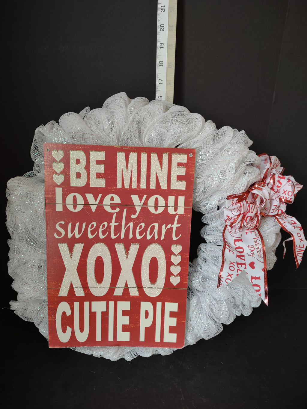 Valentine's Day Ribbon Mesh Handmade White 16" Wreath with Red Bow (lot 4763)