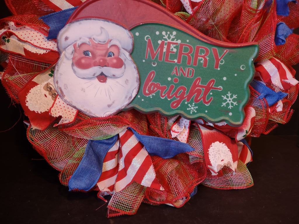 Handmade Christmas Wreath Sparkly Red White Blue Ribbon 22" Santa Merry lot 1294