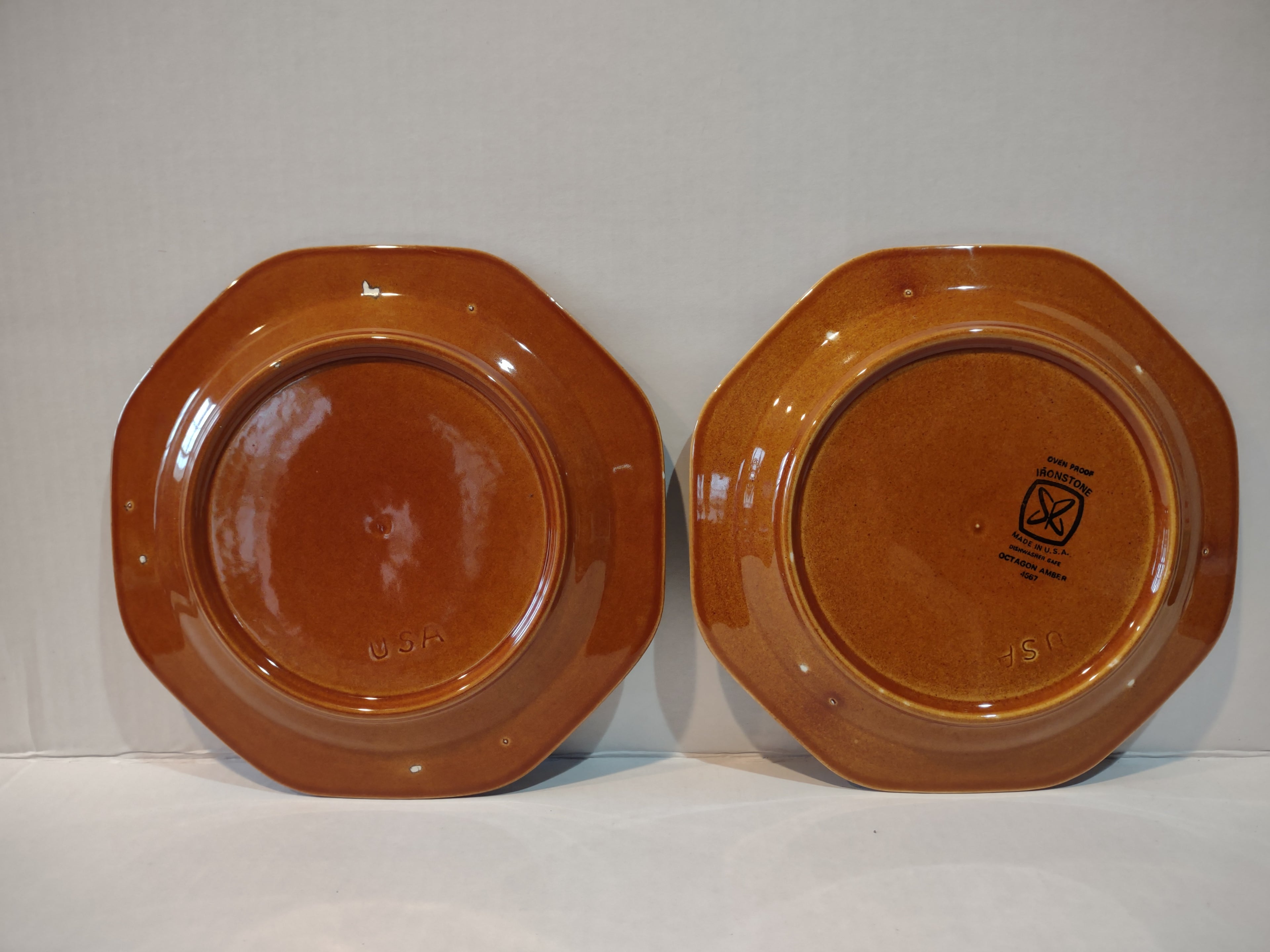 Vintage MCM Ironstone USA Amber Octagon 8" Lunch Plate x 4 Oven Proof (lot 5013)