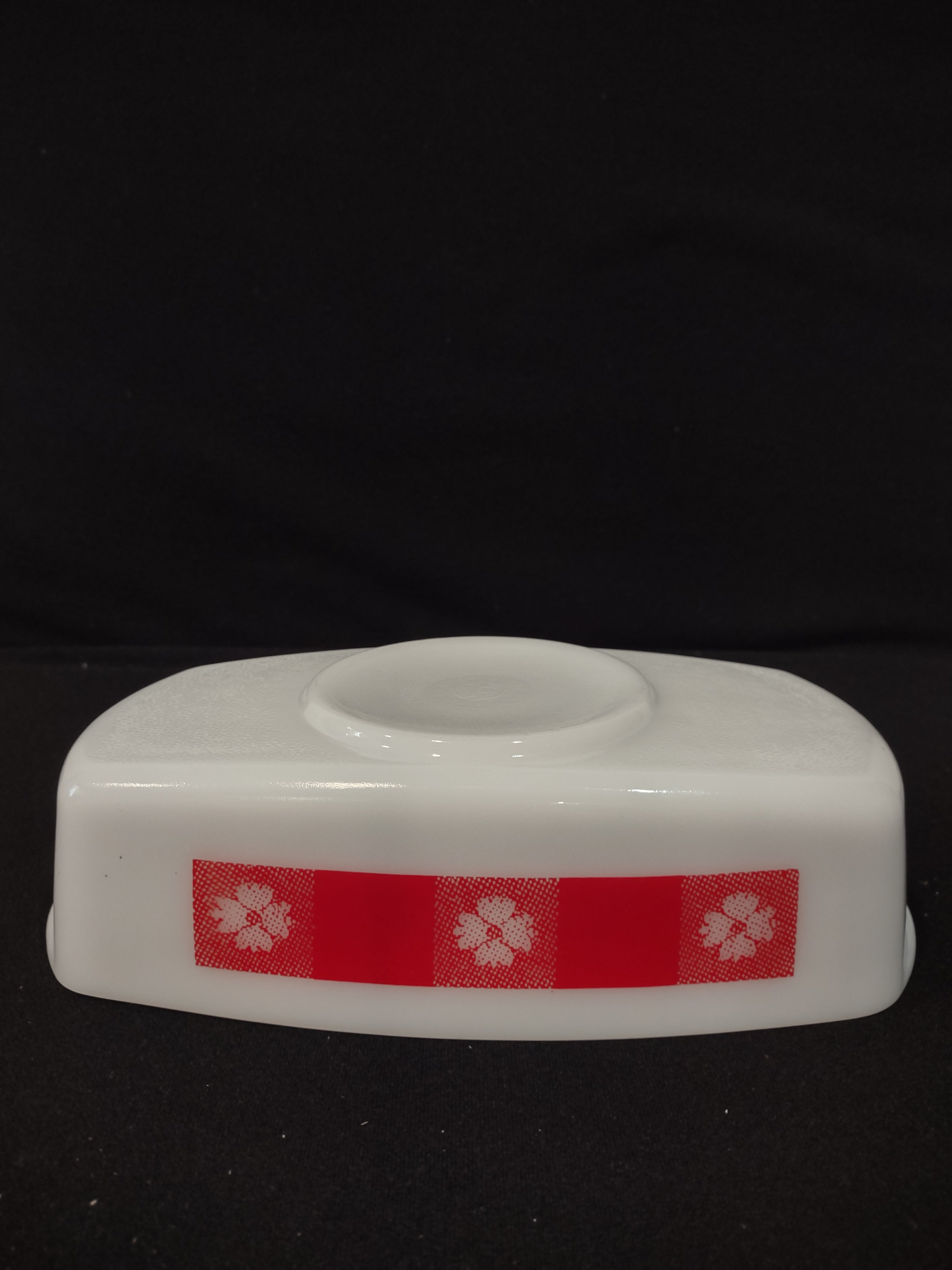 Vintage Federal Glass Red Gingham Milk Glass Loaf Pan NO Lid (Lot 3105)