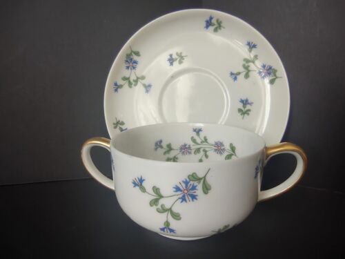 Vintage French Chick GDA Limoges Bouillon Cup & Saucer Blue Flower (lot 764)
