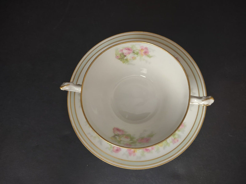 Old Abbey Limoges France 2 x Bouillion Cup Mint band Gold Trim Rose (lot 547)