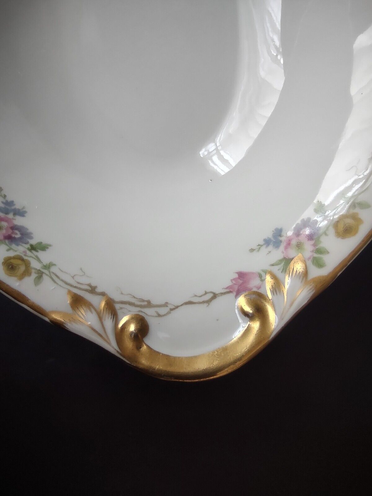 Vintage GDA Limoges Gold Trim Oval Serving Bowl Summer Flower Garland (lot 688)