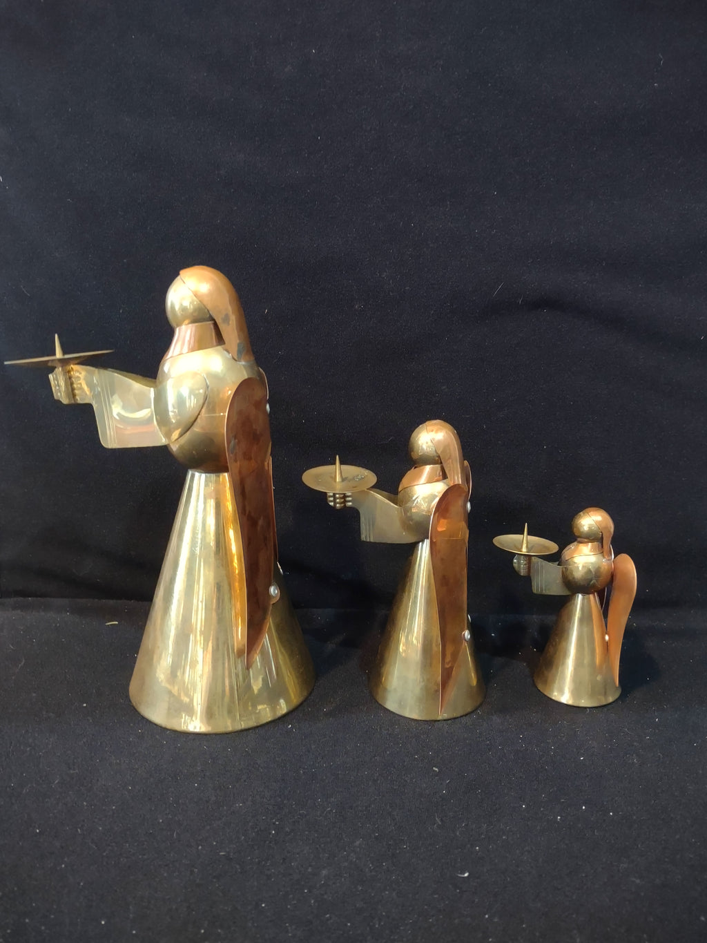 Vintage Christmas Brass Copper Angel Figurine Candle Holders Set Of 3 (Lot 4001)