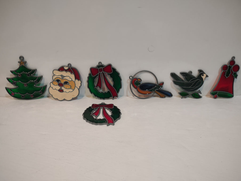 Vintage Christmas Tree Santa Wreath Bell Stained Glass Ornaments (Lot 4625)