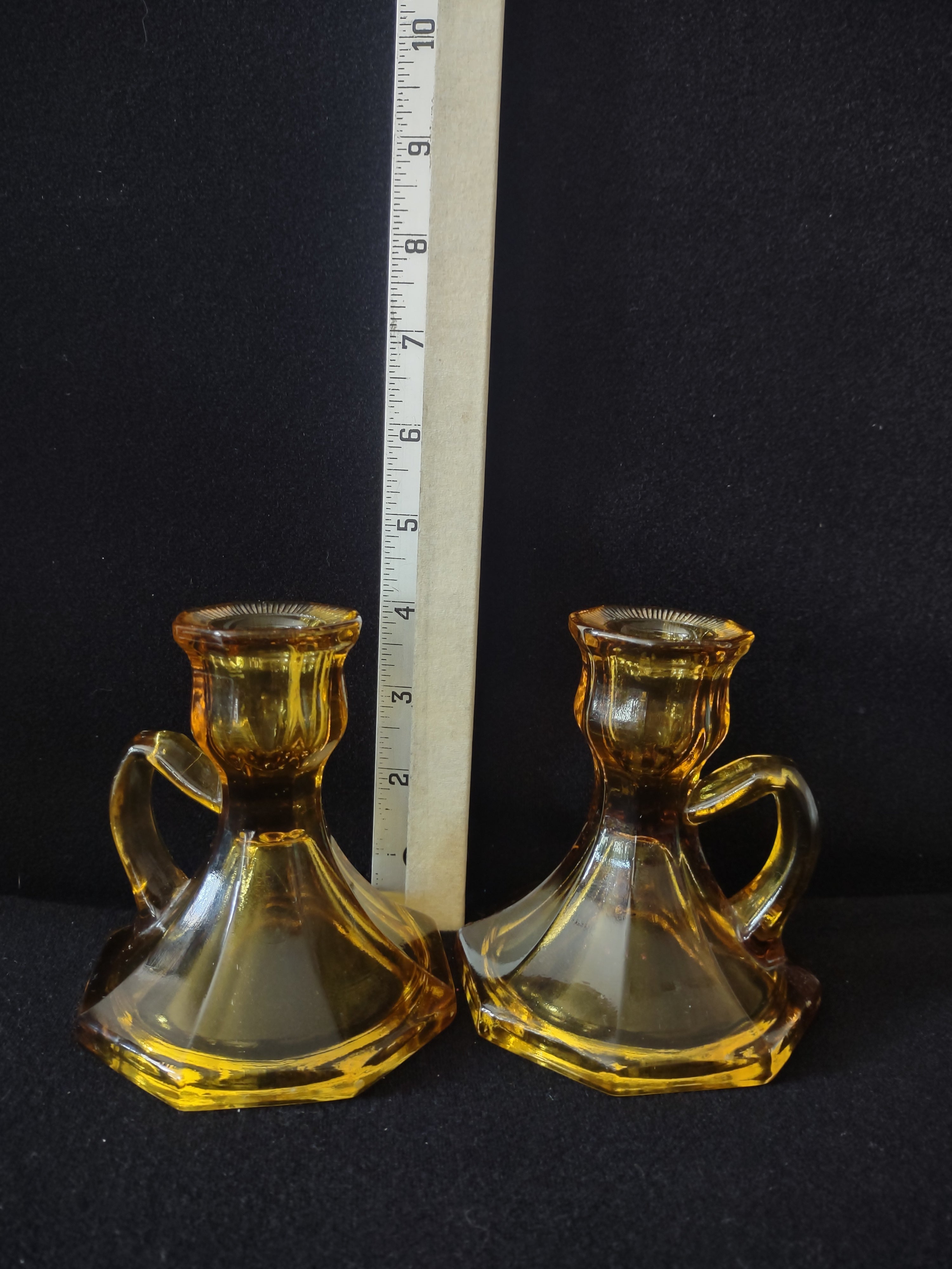 Vintage Amber Glass Taper Candlestick Holders Finger Loops X 2 (Lot 4199)