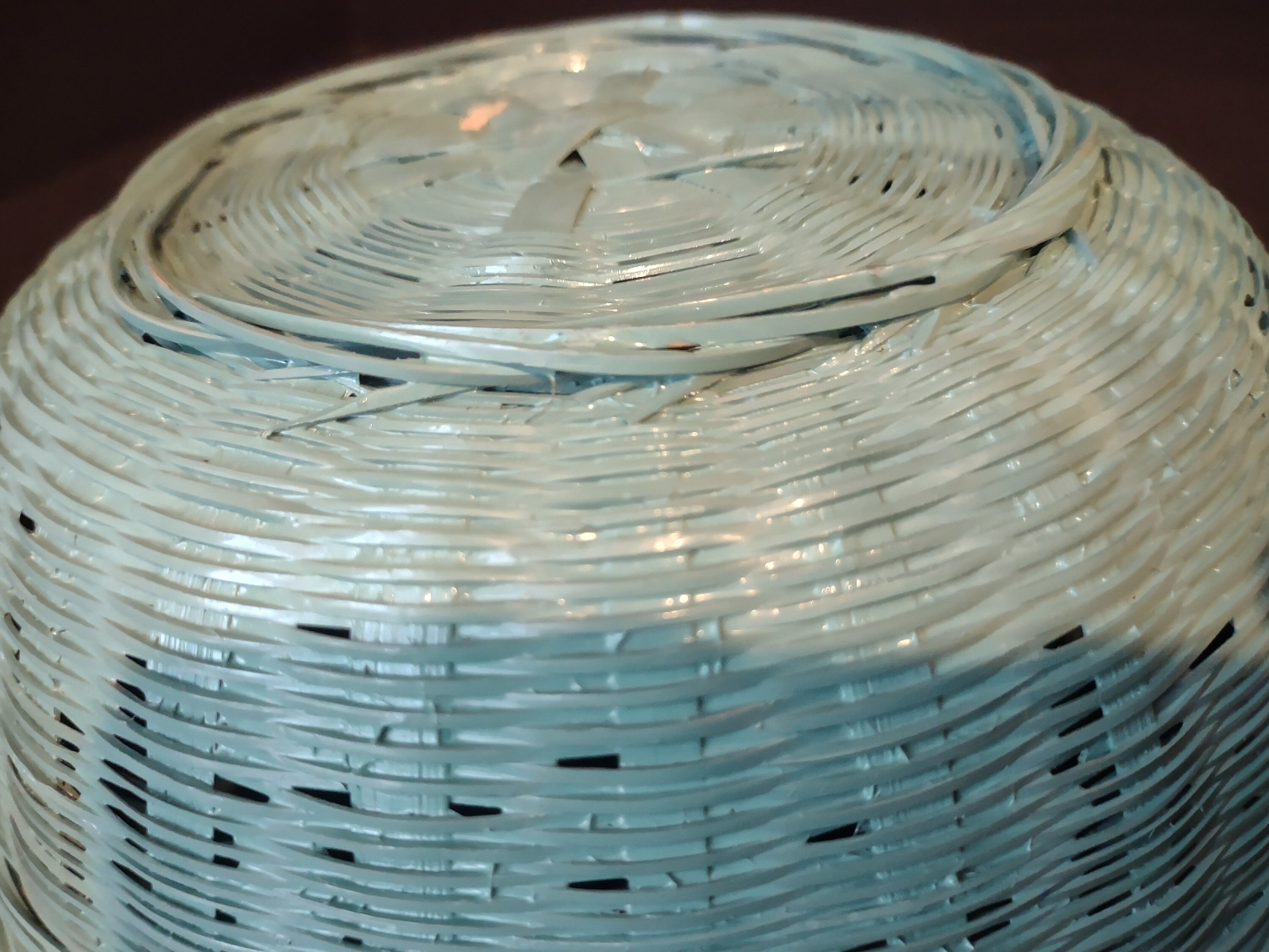 2 x Vintage Wicker Basket Painted Turquoise White Lids Rustic Primitive (1146)