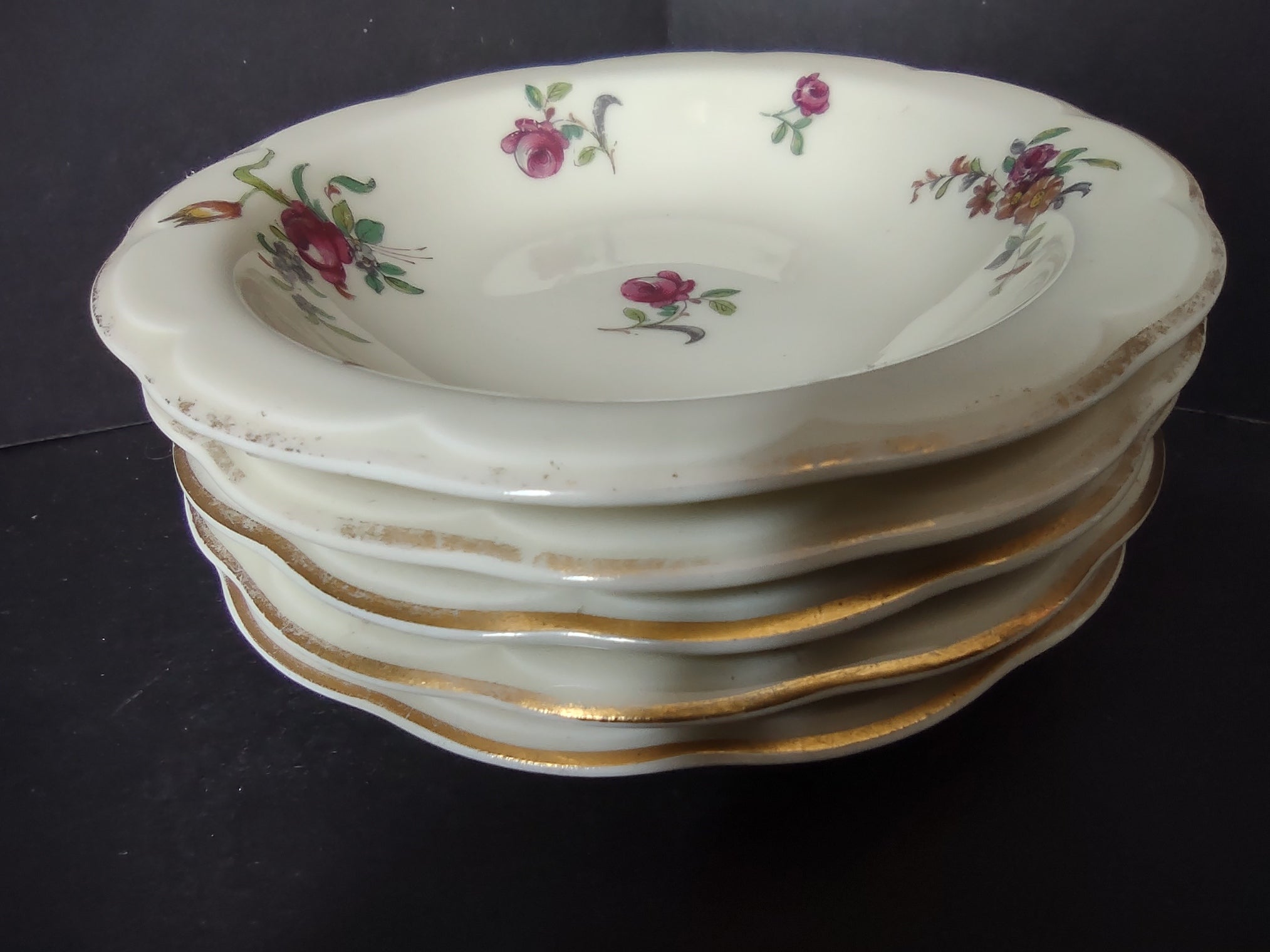 Haviland Limoges 6 x Small 5" Cranberry Bowl Peony Flower Cream Color (lot 924)