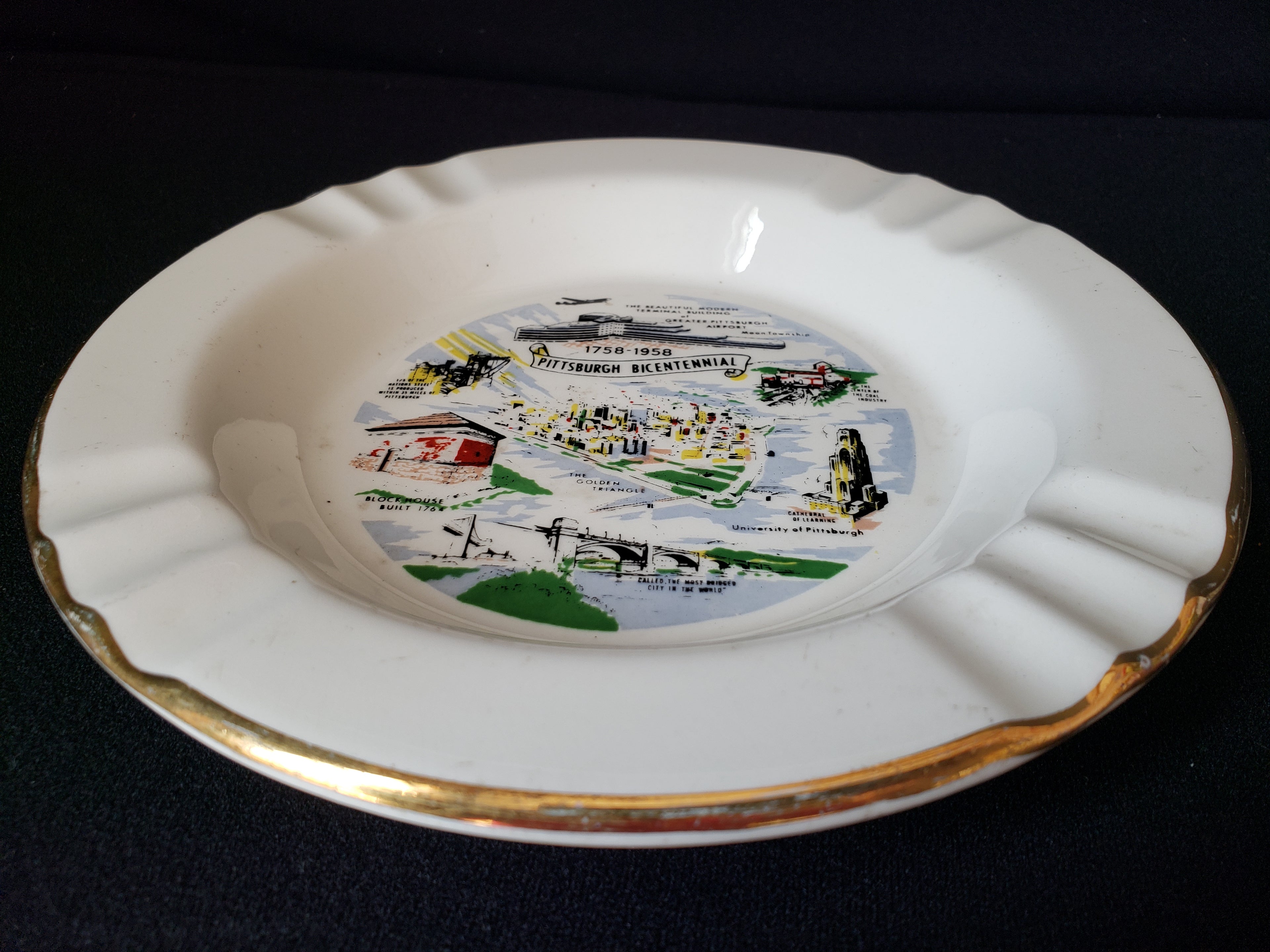Vintage Ashtray Pittsburgh Bicentennial 8" USA 22 k Gold (lot 2159)
