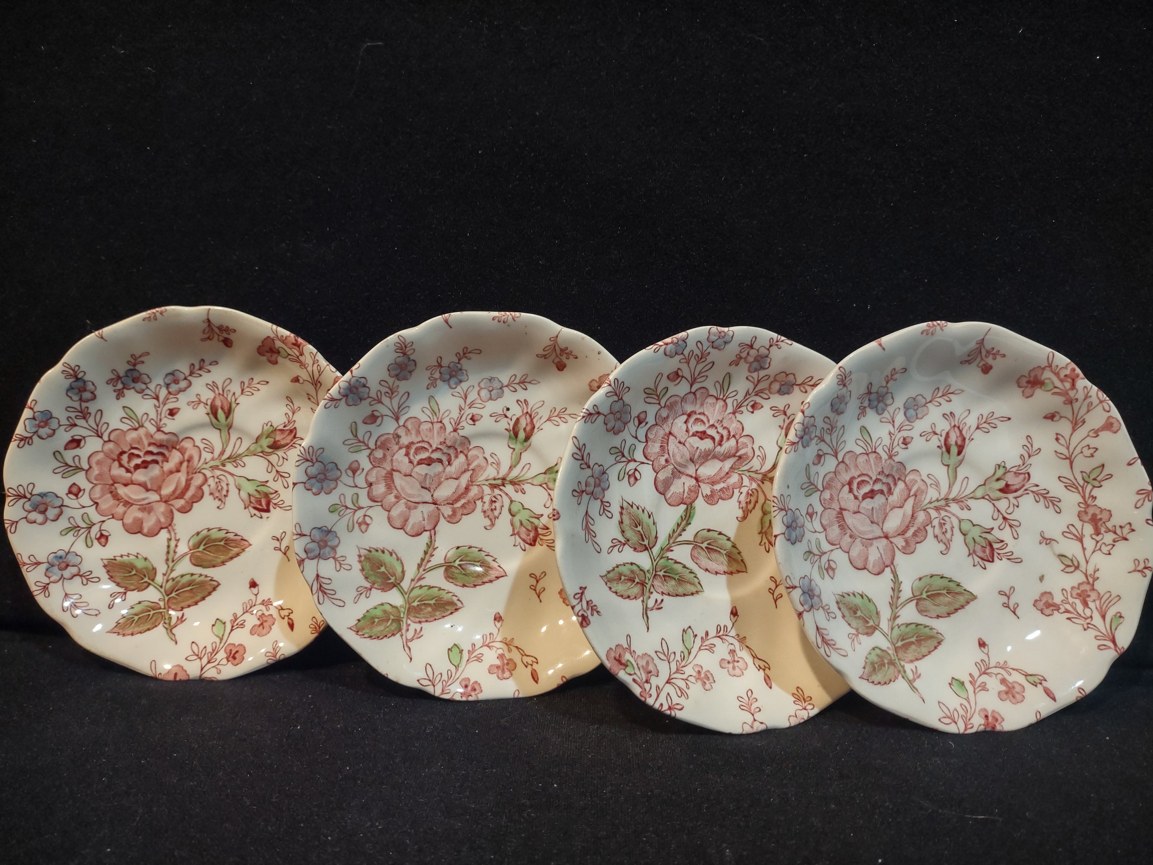 Vintage Saucer x 4 Rose Chintz Johnson Brothers Black Stamp England (lot 5697)