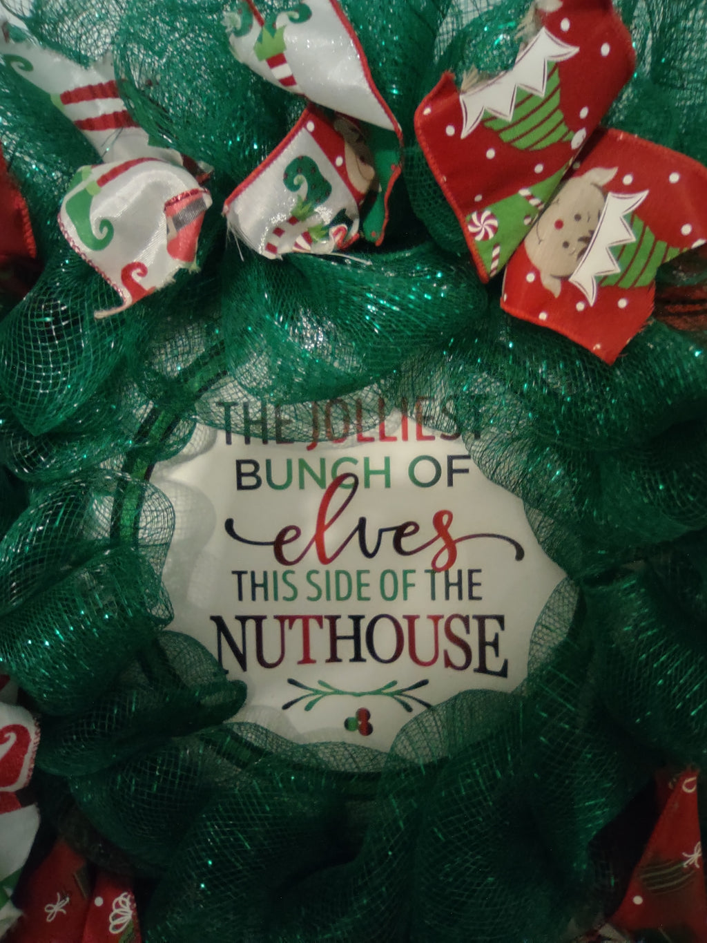 Handmade Christmas Wreath Green Red Ribbon Elf Elves Nuthouse 20" (lot 1293)