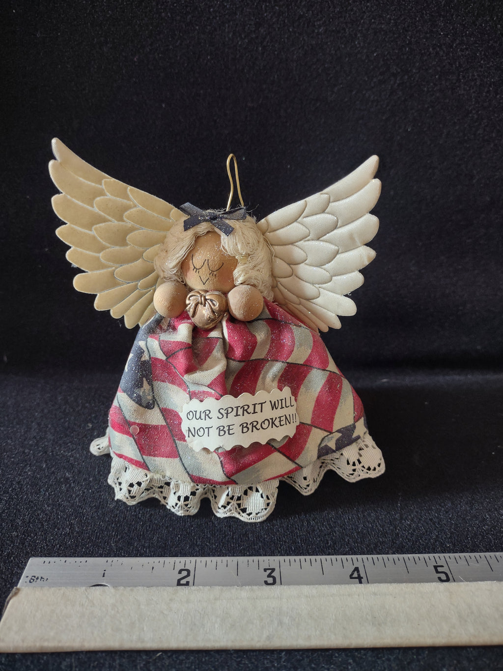 Handmade Christmas Patriotic Angel Ornament Red White Blue Gown Wings (Lot 4515)