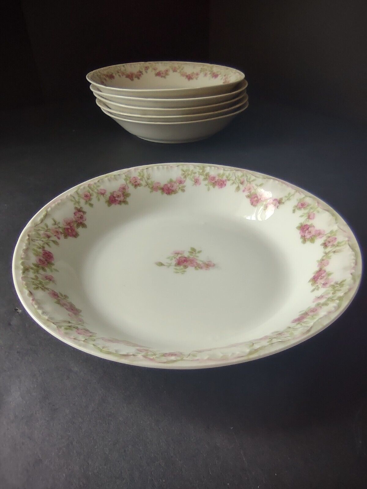 GDA Limoges 6 x Cream Soup Bowl Apple Blossom Garland Swag Ribbon (lot 748)