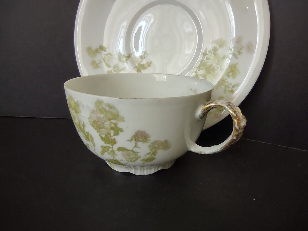 JP Limoges France Porcelain Teacup & Saucer Green Flower Gold Handle (lot 734)