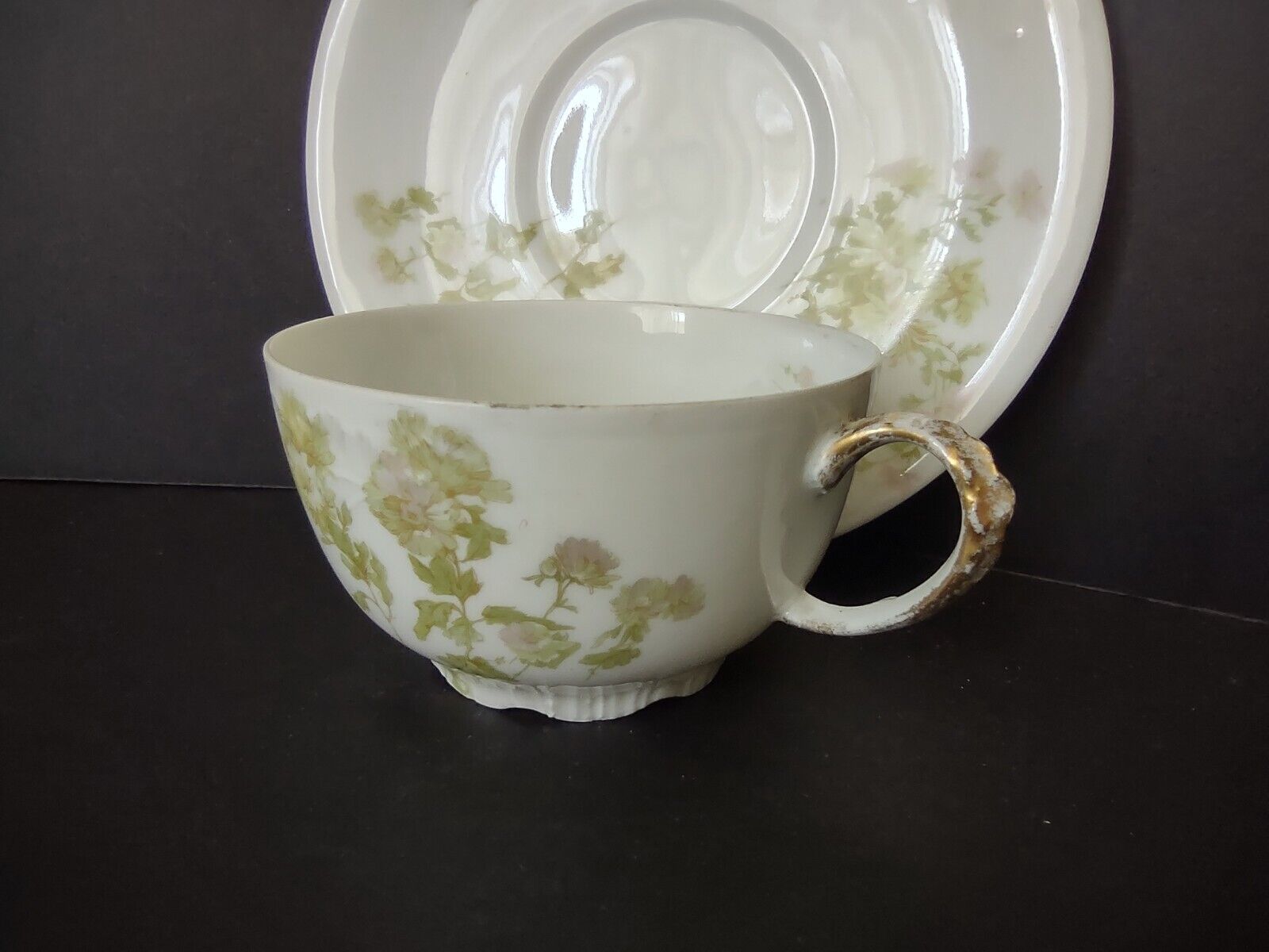 JP Limoges France Porcelain Teacup & Saucer Green Flower Gold Handle (lot 734)