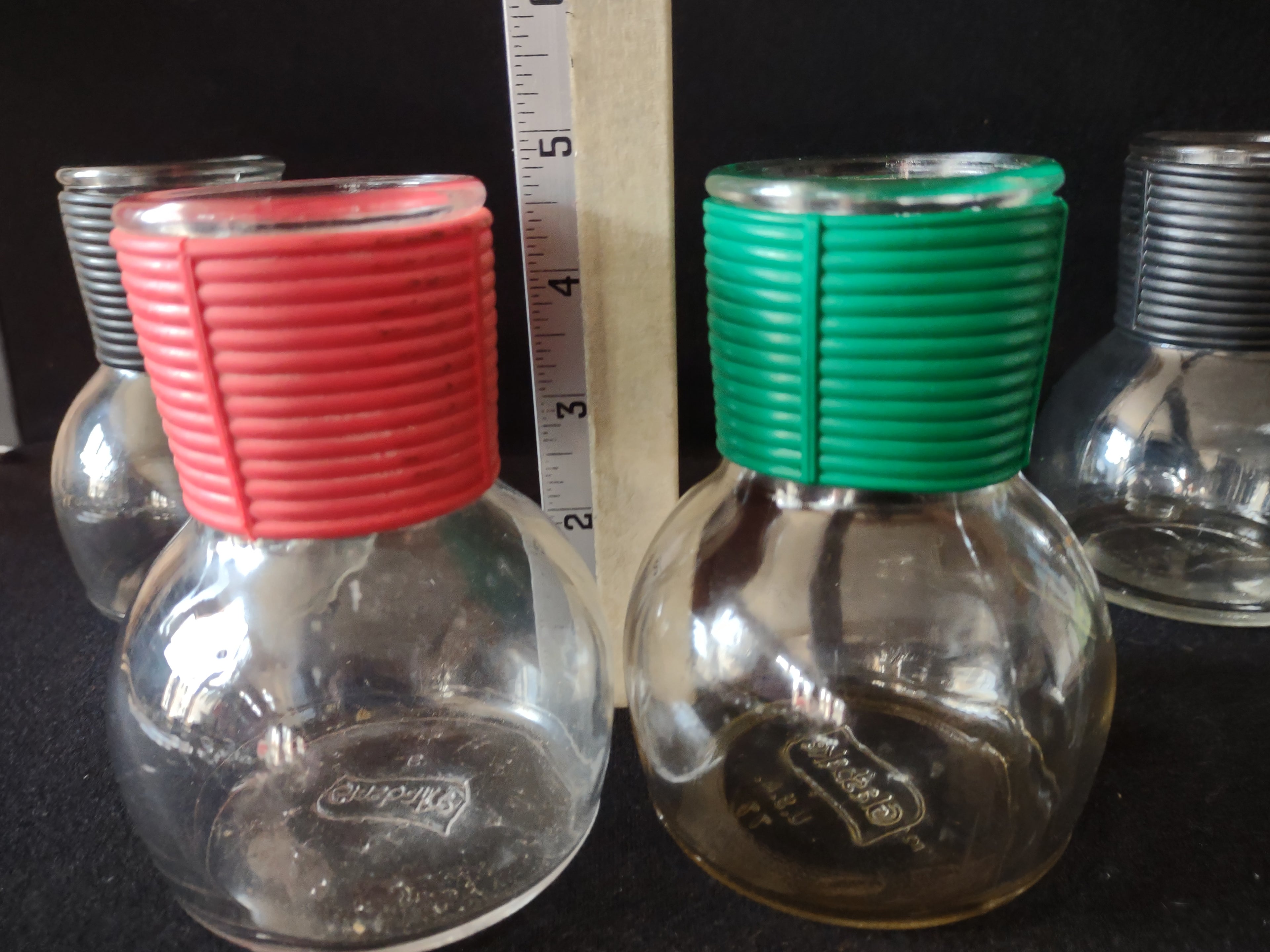 Vintage Hottle Carafe Milk Glass x 4 NO Lid Glasbake Red Green Black (lot 5253)
