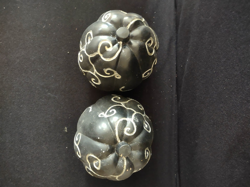 Halloween Resin Black Glitter Scroll 7" Pumpkin Set of 2 (Lot 3343)