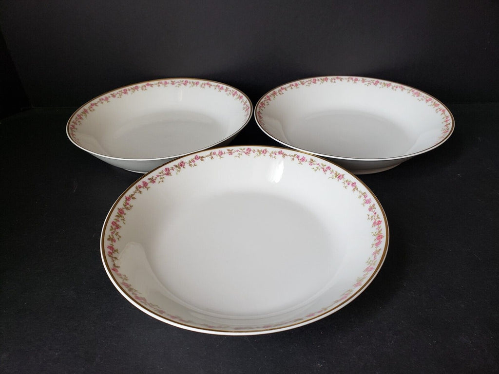 Haviland Limoges France 3 x Coupe Soup Plate Gold Trim Pink Rose Garland lot 568