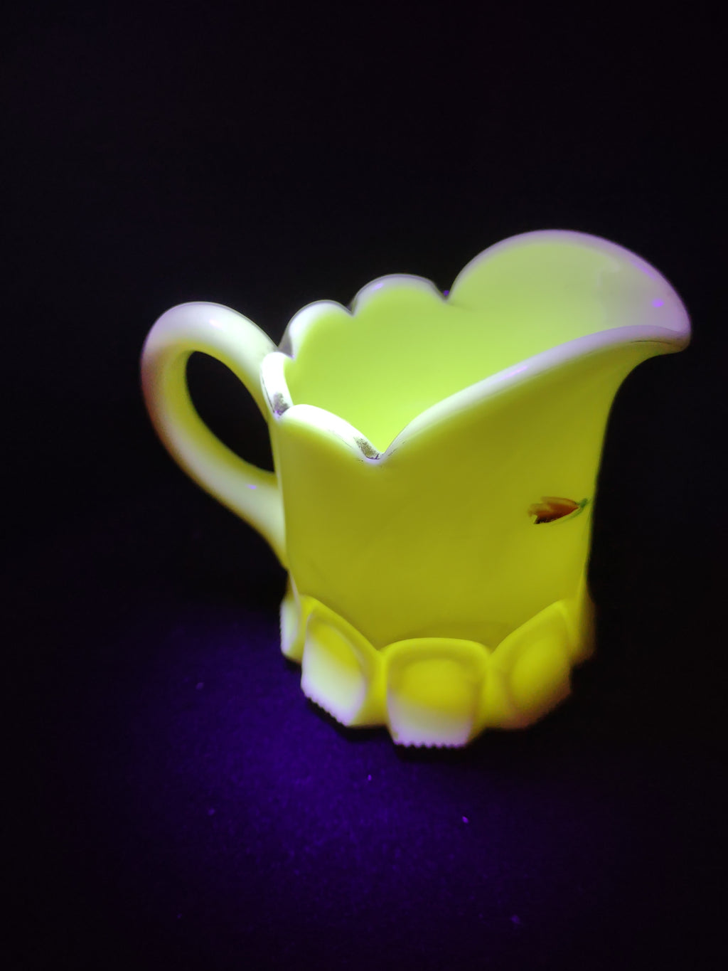 Vaseline Glow Satin Milk Glass Light Up Mini Pitcher 3" (lot 2777)