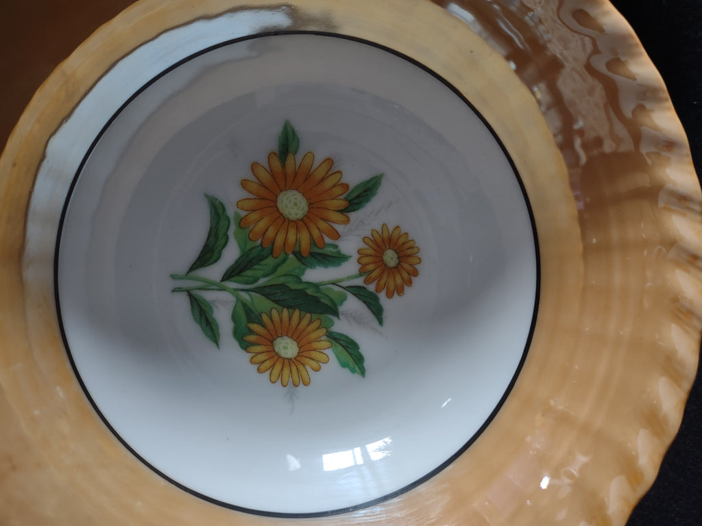 Vintage 6" Lusterware Cereal Cram Soup Bowl x 4 Orange Trim Flowers (Lot 5051)