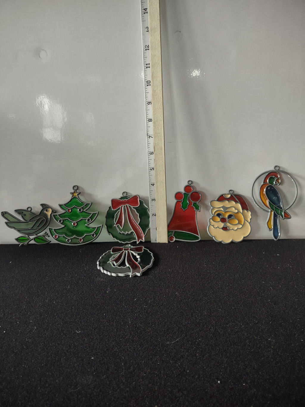 Vintage Christmas Tree Santa Wreath Bell Stained Glass Ornaments (Lot 4625)