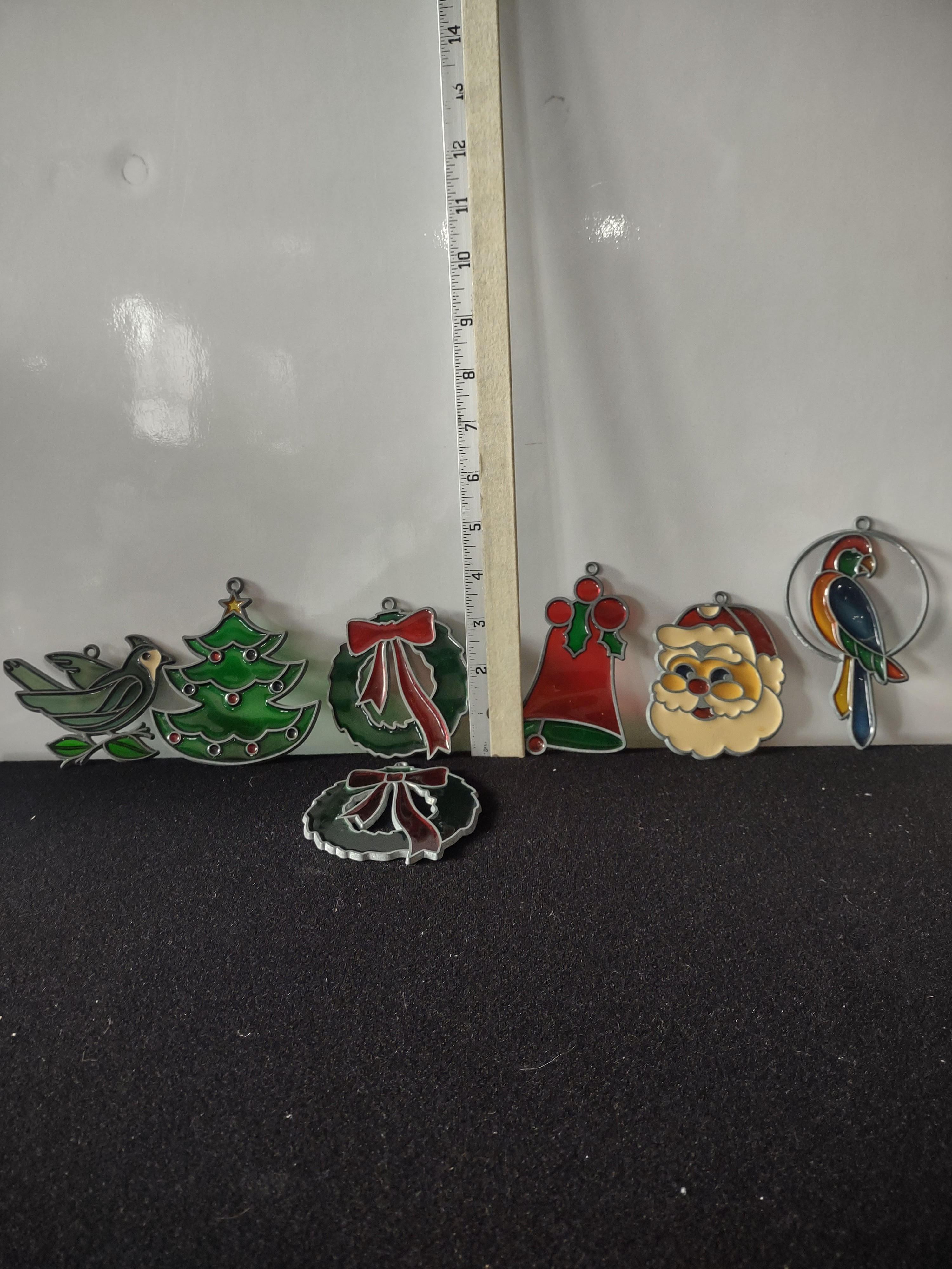 Vintage Christmas Tree Santa Wreath Bell Stained Glass Ornaments (Lot 4625)