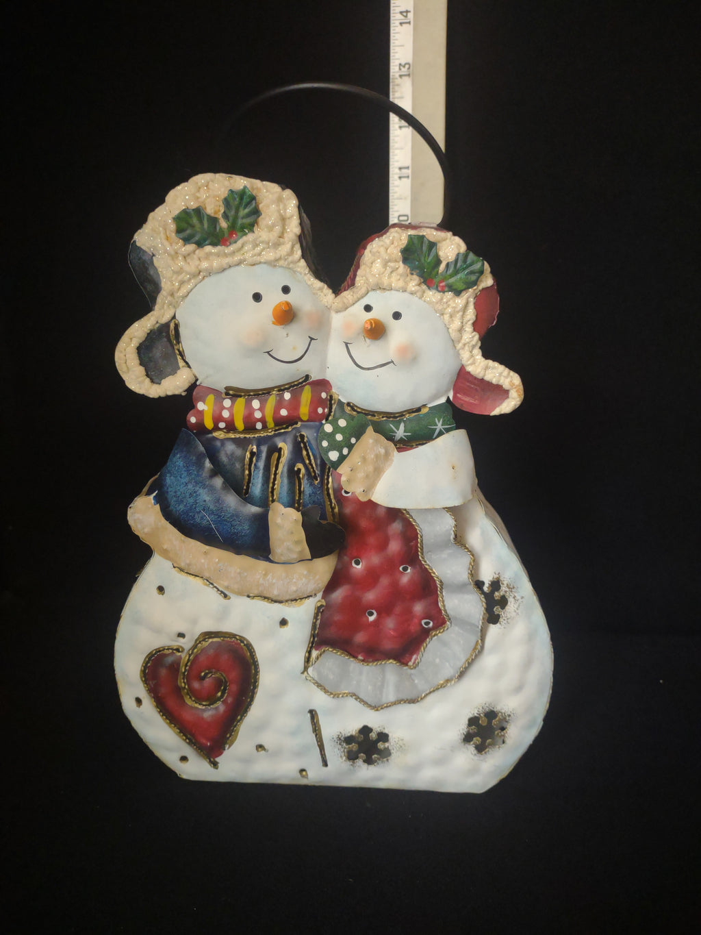 Christmas Holiday Candle Light Holder Snowman Hugging Metal 11" (lot 1714)