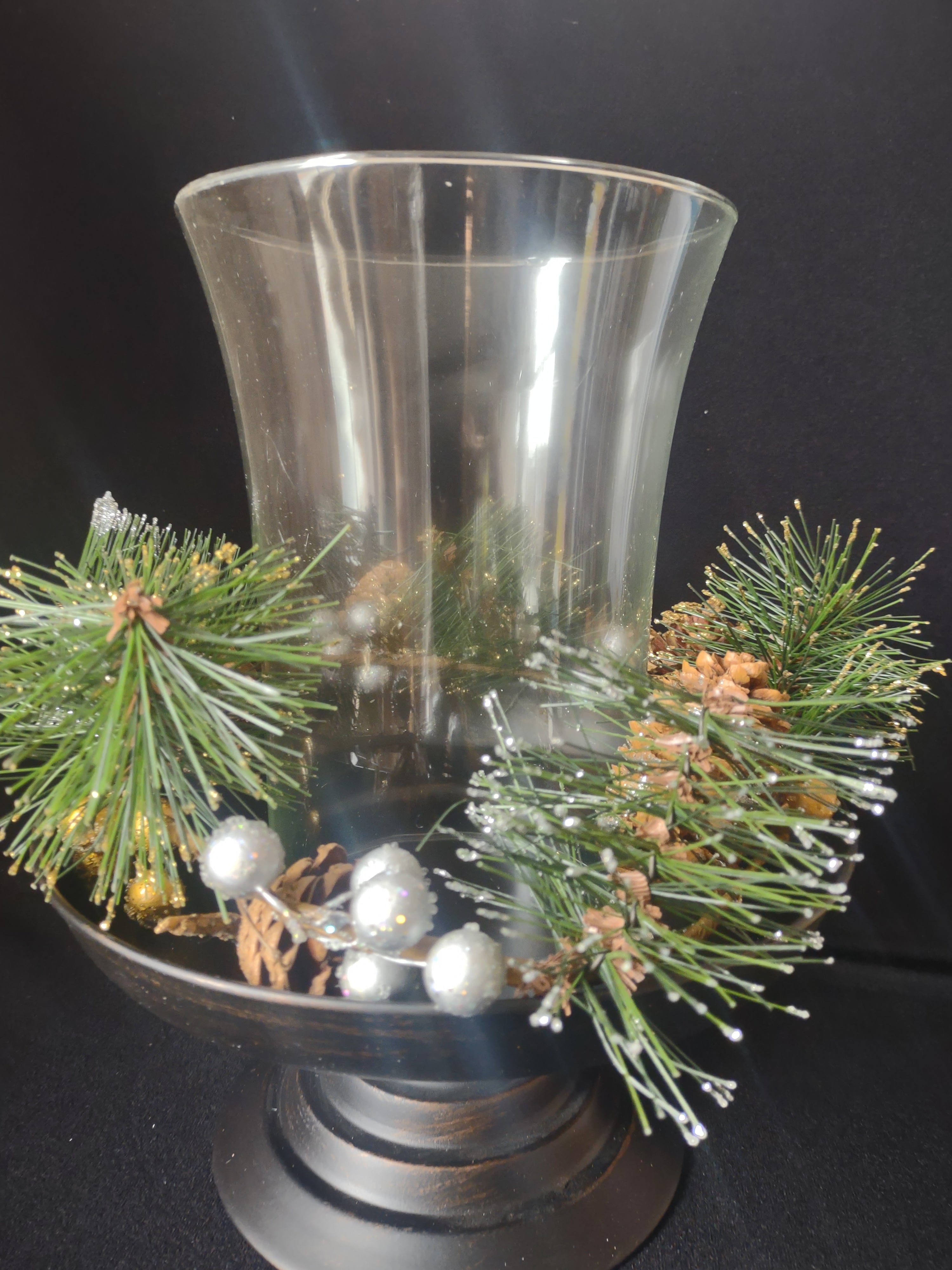 Berries & Pinecones 3 Piece Pedestal Hurricane Christmas Centerpiece (lot 2281)