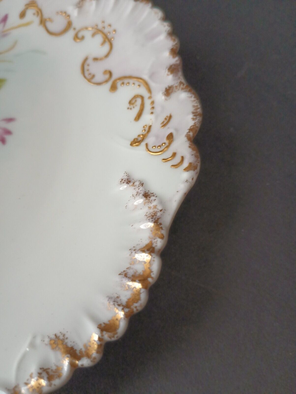 Limoges France JMC Plate Relief Molded Scrollwork Guild Gold Edge Pink (lot 366)