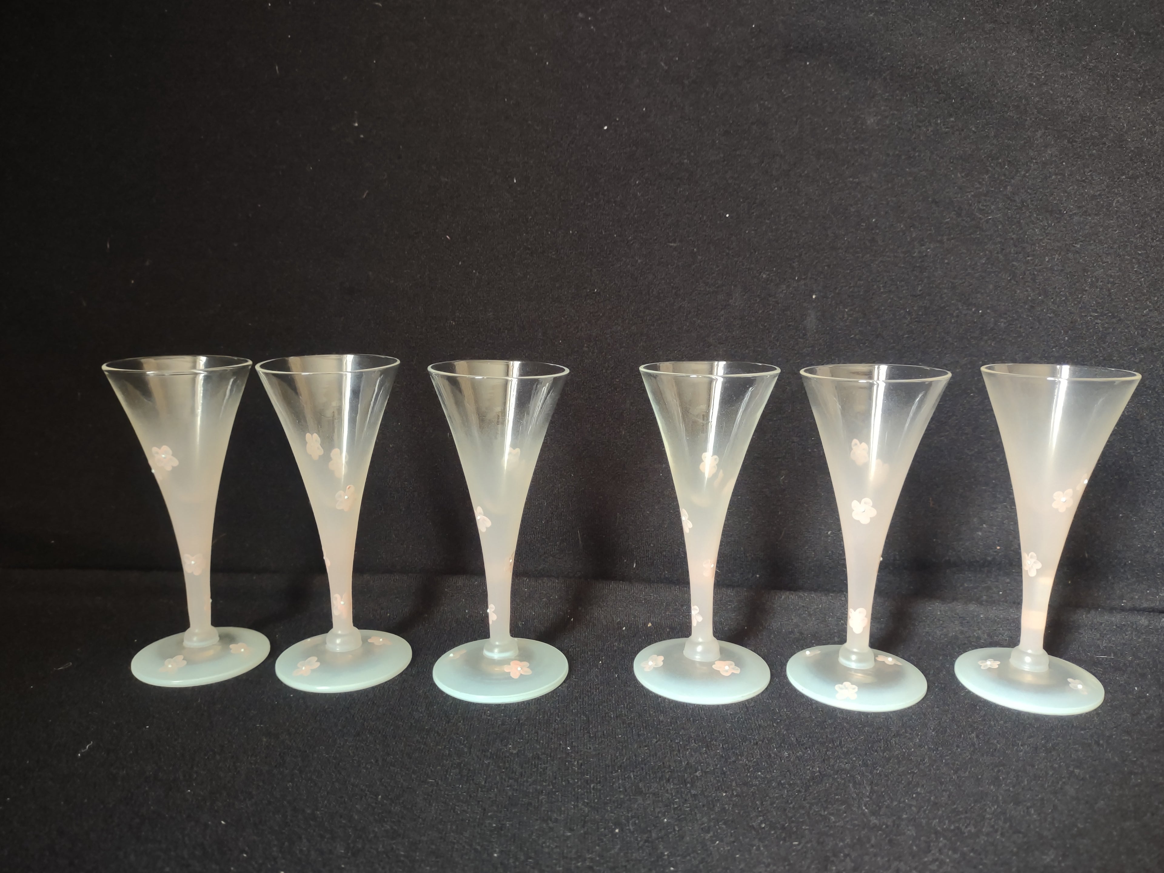 Set 6 Frosted Mini Small Martini Pink Flowers Hand Painted Vintage MCM (lot 2742