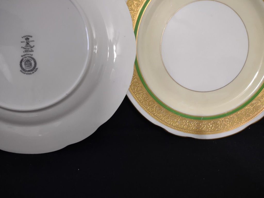 Set 2 Heavy Gold Trim Coronet Dinner Plate Bone China Green Cream (Lot 316)