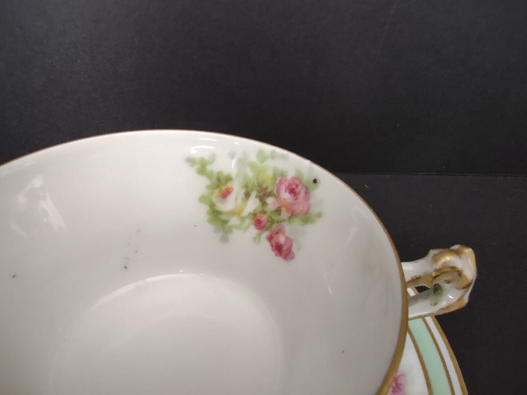 Coronet Limoges France 3 x Tea Cup Mint Band Gold Trim Pink Rose (lot 548)