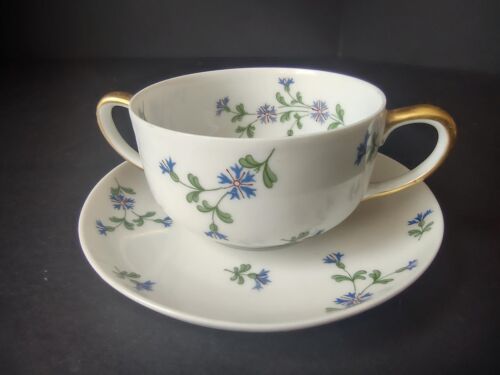 Vintage French Chick GDA Limoges Bouillon Cup & Saucer Blue Flower (lot 764)