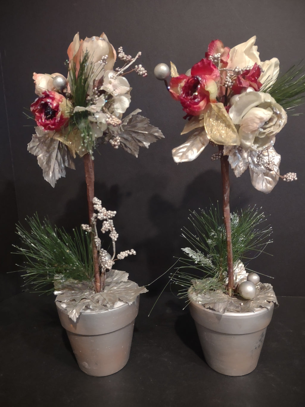 Set of 2 Topiary Holiday Christmas Tree 18" Silver and Pink Iced (lot 1266)
