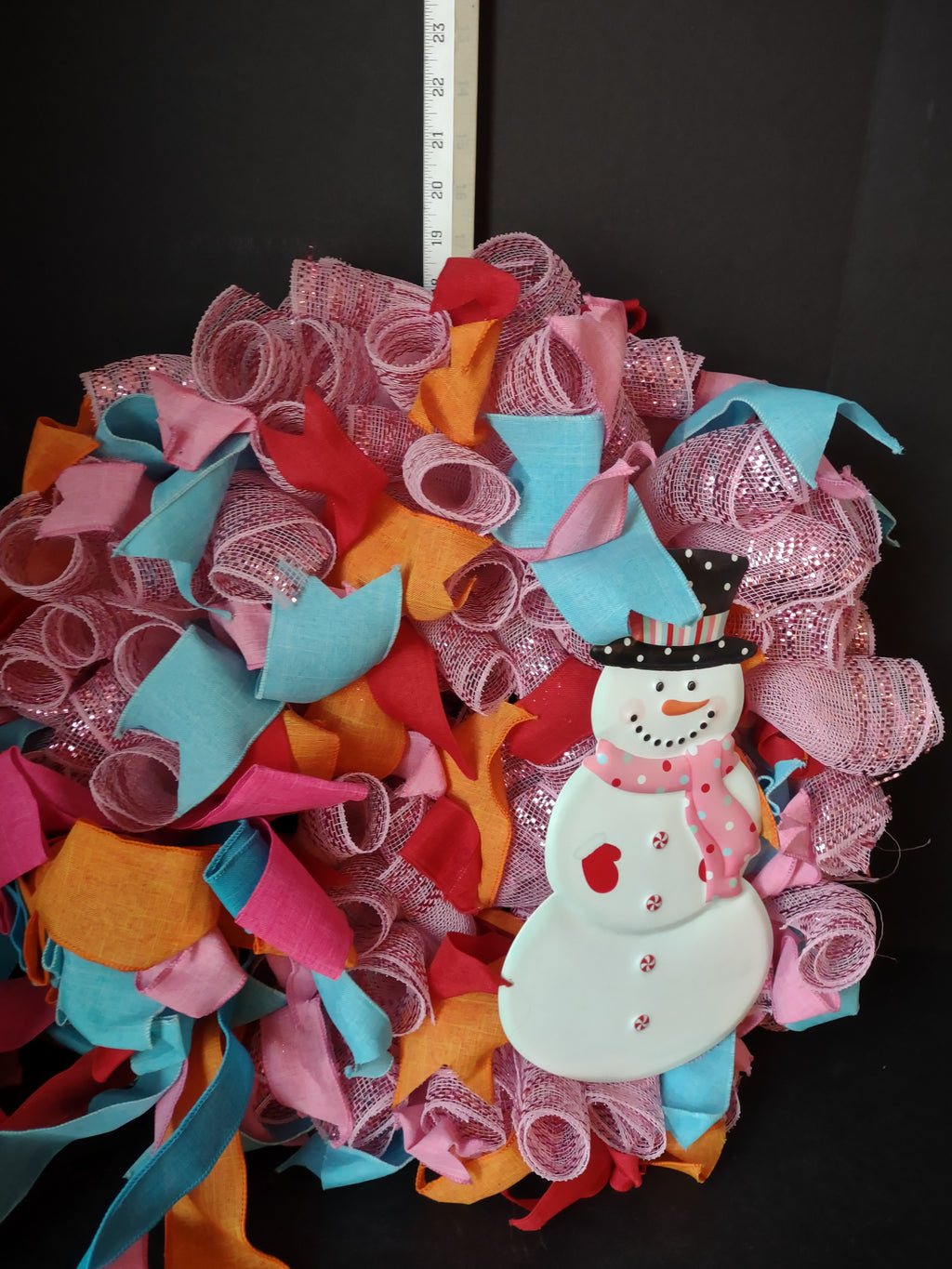 Handmade Christmas Wreath 24" Pink Orange Blue Ribbon Sparkly Snowman (lot 1291)