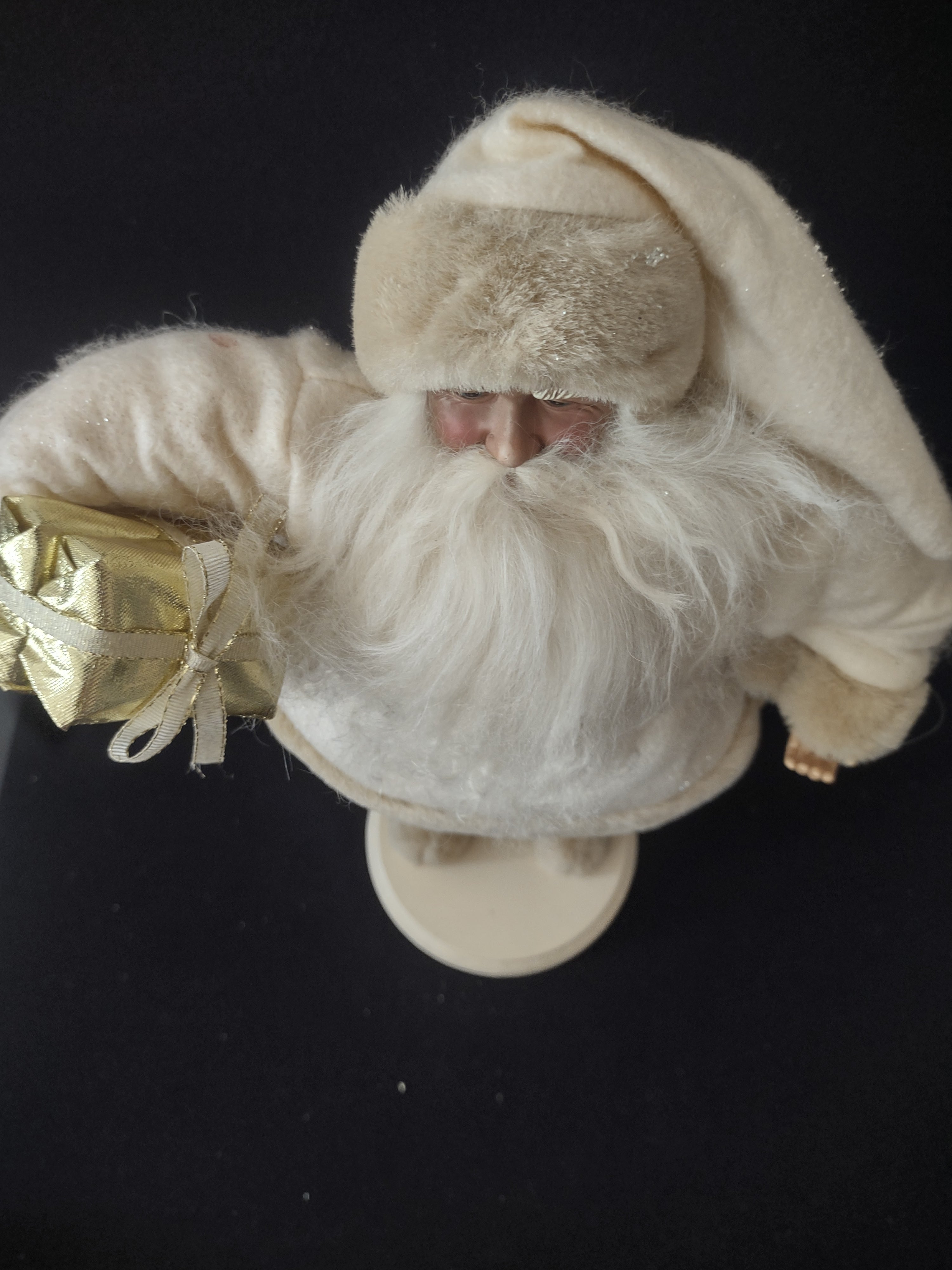 Vintage Christmas Beige Gold Plush Standing Santa Wooden Base (Lot 3593)