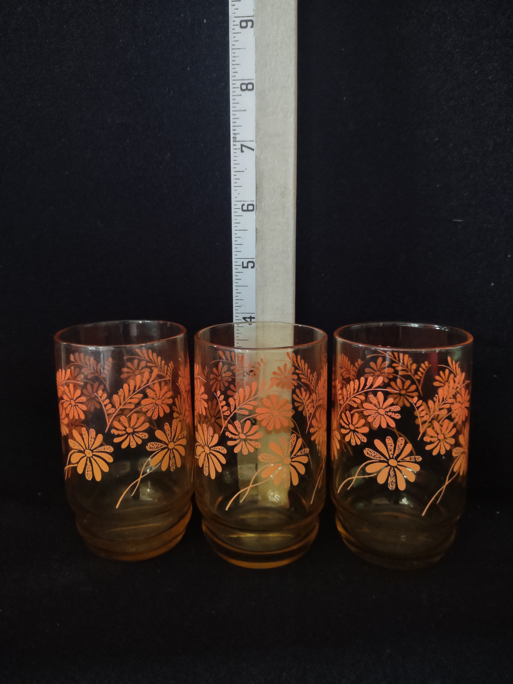 Vintage MCM Libbey Amber Glass Orange Daisy Juice Glass Set Of 3 (Lot 5144)